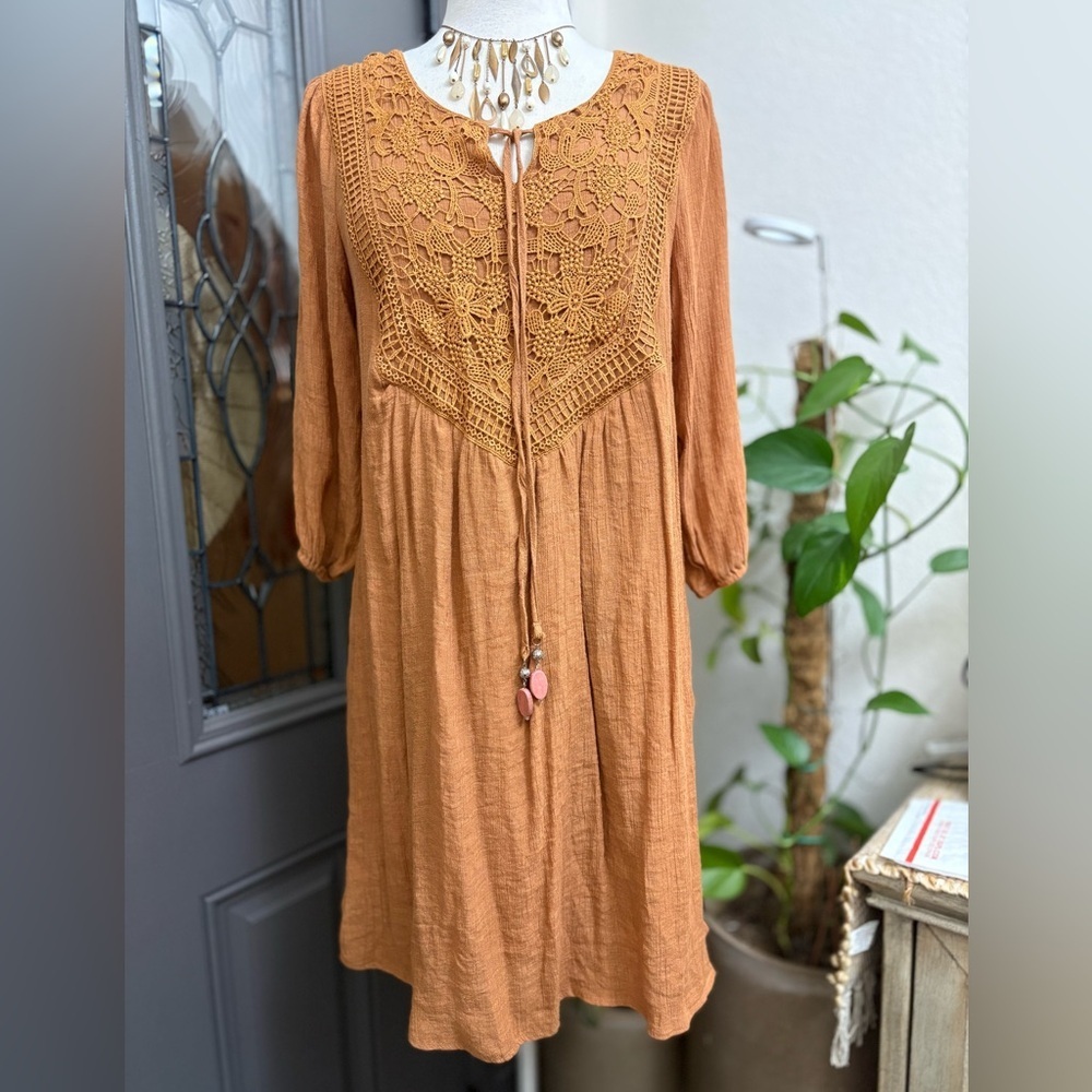 Indigo Rose Rustic Earth Tone Gauze Dress with Intricate Lace Detail | Size 1X